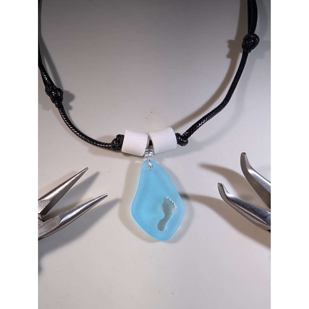 Handmade Footprint Sea Glass Pendant Necklace Blue Frosted Bead Adjustable Cord